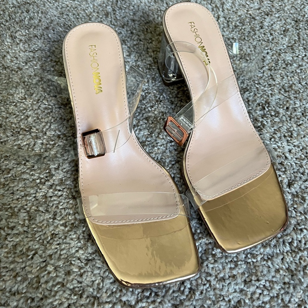 Clear and rose gold ankle strap heels